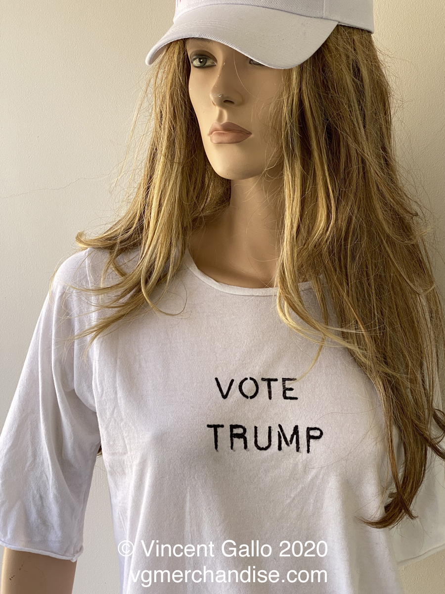 ?Vote Trump?  Vincent Gallo. 2020 hand made t-shirt (modeled)
