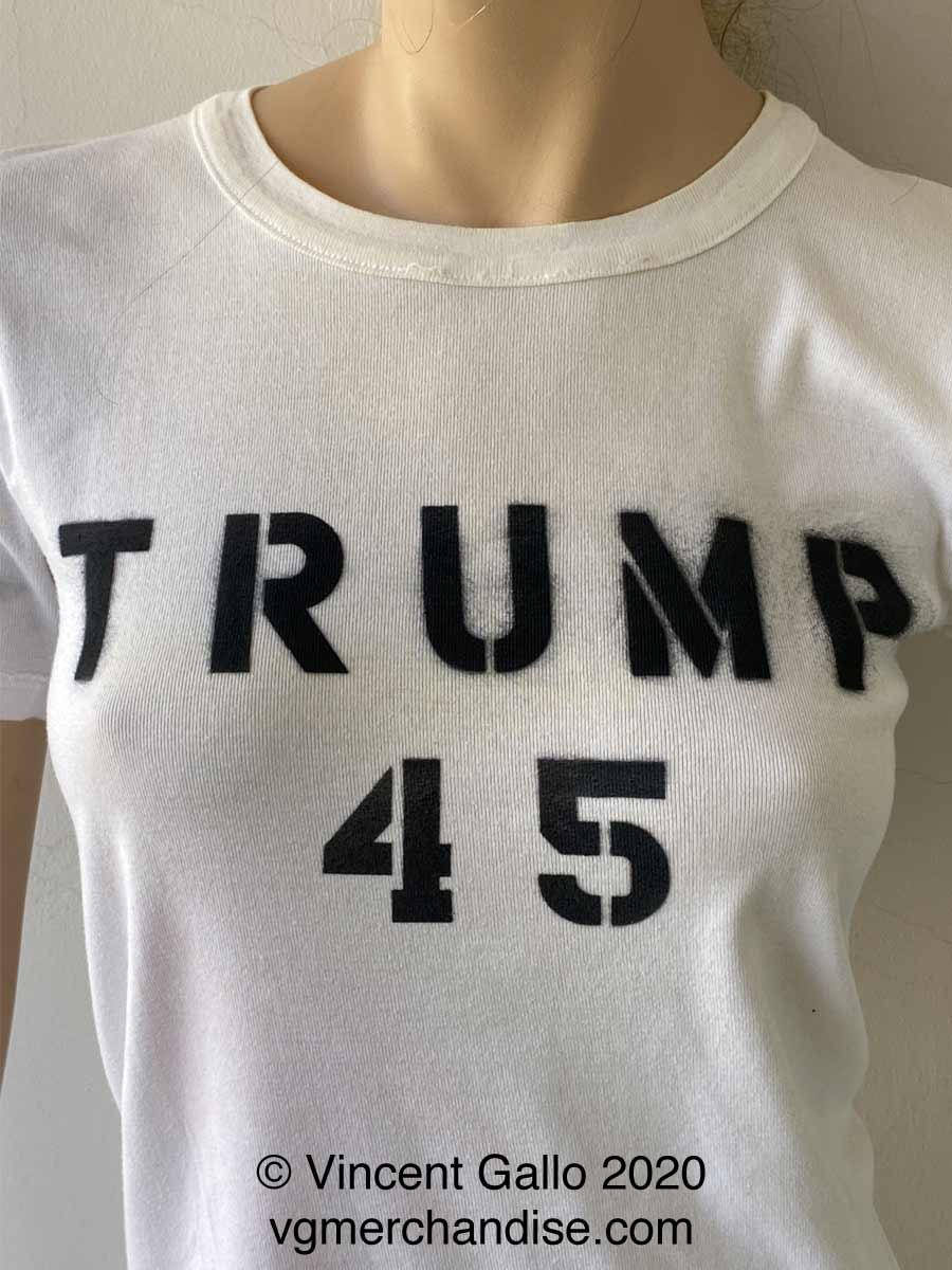 ?Trump 45 , Trump 45, Trump 45?  Vincent Gallo. 2020 (close-up)